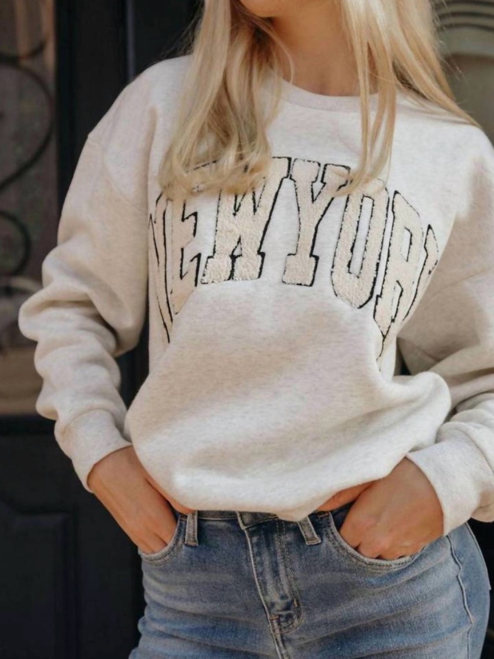 Miou Muse New York Boucle Letter Patch Heather Crewneck Sweatshirt Size Small